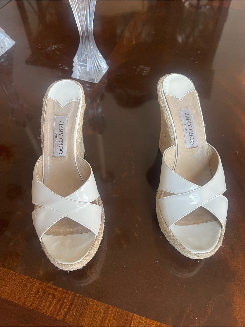 Jimmy Choo White Patent Leather Crisscross Espadrille Wedge Sandals